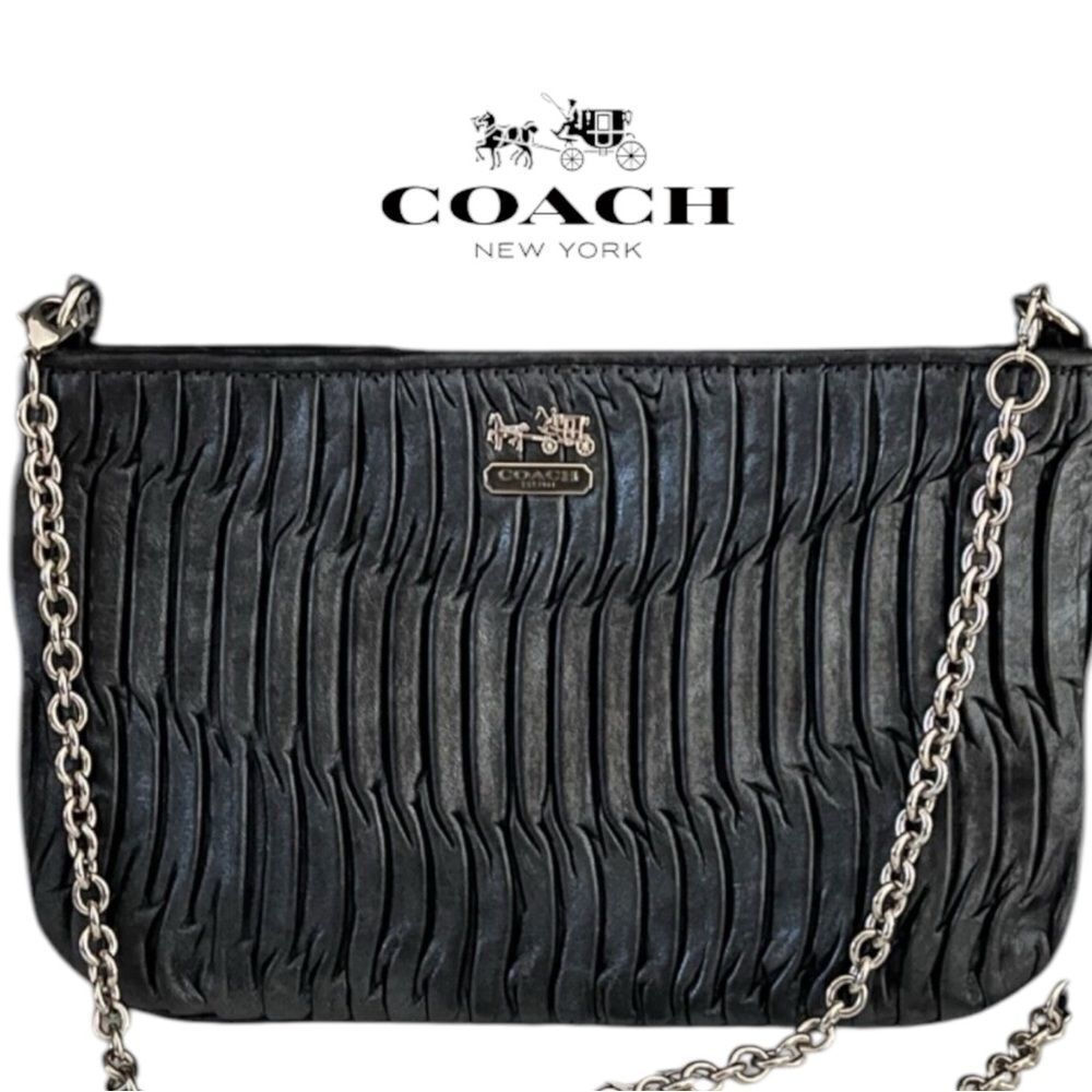 Coach Madison Gathered Leather Zip Crossbody Clutch Black Silver Bag Purse